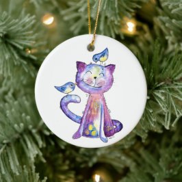 Niedliche Whimsical Lila Katze mit Vögeln Keramik Ornament