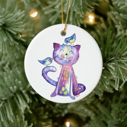 Niedliche Whimsical Lila Katze mit Vögeln Keramik Ornament (Baum)
