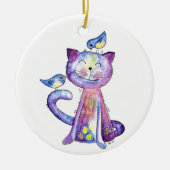 Niedliche Whimsical Lila Katze mit Vögeln Keramik Ornament (Vorne)