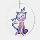 Niedliche Whimsical Lila Katze mit Vögeln Keramik Ornament (Links)