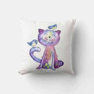 Niedliche Whimsical Lila Katze mit Vögeln Kissen