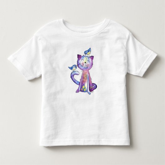 Niedliche Whimsical Lila Katze mit Vögeln Kleinkind T-shirt (Vorderseite)