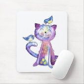 Niedliche Whimsical Lila Katze mit Vögeln Mousepad (Mit Mouse)
