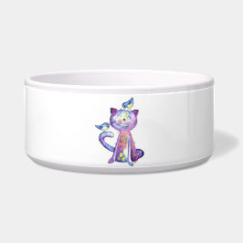 Niedliche Whimsical Lila Katze mit Vögeln Napf