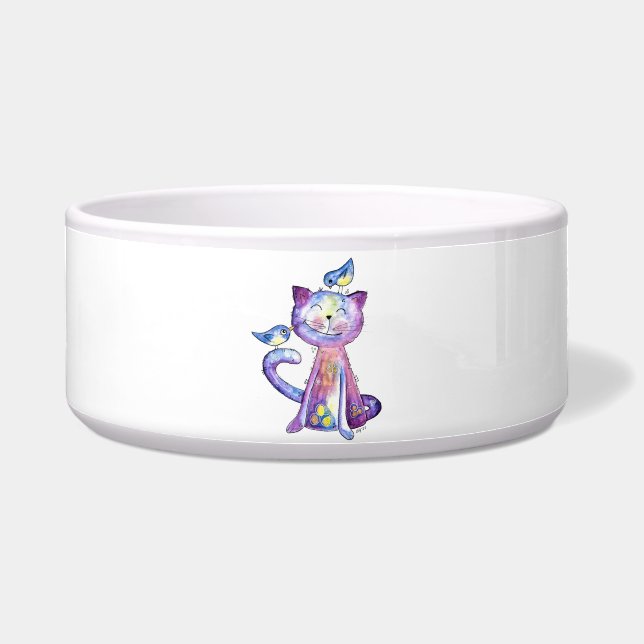 Niedliche Whimsical Lila Katze mit Vögeln Napf (Vorderseite)