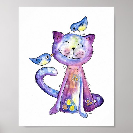 Niedliche Whimsical Lila Katze mit Vögeln Poster (Vorne)