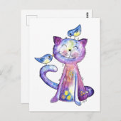 Niedliche Whimsical Lila Katze mit Vögeln Postkarte (Vorne/Hinten)
