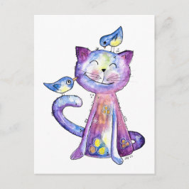 Niedliche Whimsical Lila Katze mit Vögeln Postkarte