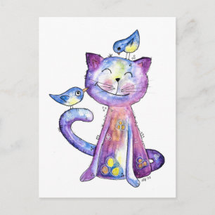 Niedliche Whimsical Lila Katze mit Vögeln Postkarte