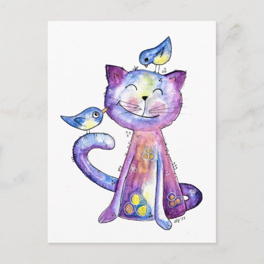 Niedliche Whimsical Lila Katze mit Vögeln Postkarte (Vorderseite)