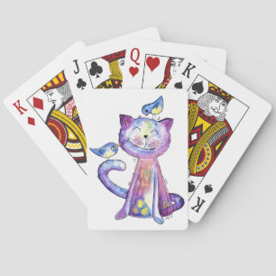 Niedliche Whimsical Lila Katze mit Vögeln Spielkarten