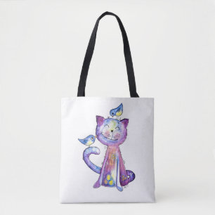 Niedliche Whimsical Lila Katze mit Vögeln Tasche