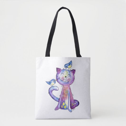 Niedliche Whimsical Lila Katze mit Vögeln Tasche (Vorderseite)