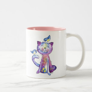 Niedliche Whimsical Lila Katze mit Vögeln Zweifarbige Tasse