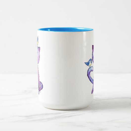 Niedliche Whimsical Lila Katze mit Vögeln Zweifarbige Tasse (Mittel)