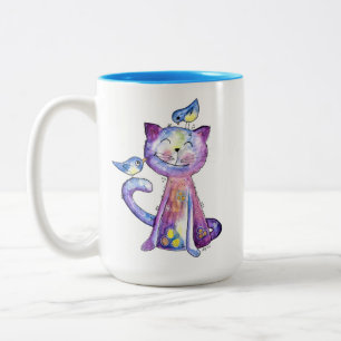 Niedliche Whimsical Lila Katze mit Vögeln Zweifarbige Tasse