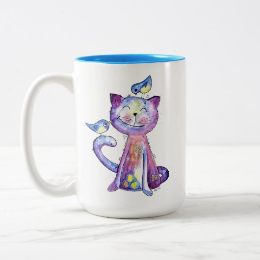 Niedliche Whimsical Lila Katze mit Vögeln Zweifarbige Tasse (Links)