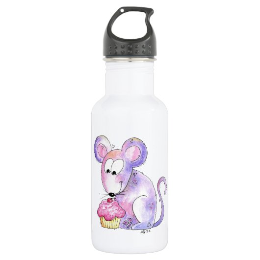 Niedliche whimsical Maus mit einem Cupcake Edelstahlflasche (Vorderseite)