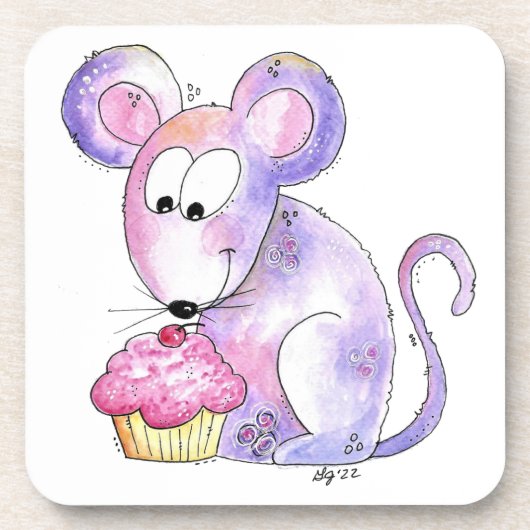 Niedliche whimsical Maus mit einem Cupcake Getränkeuntersetzer (Vorderseite)