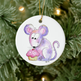 Niedliche whimsical Maus mit einem Cupcake Keramik Ornament