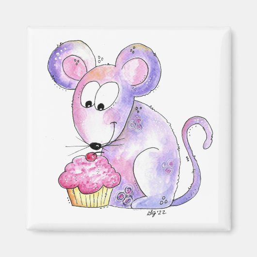 Niedliche whimsical Maus mit einem Cupcake Magnet (Vorne)