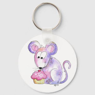 Niedliche whimsical Maus mit einem Cupcake Schlüsselanhänger