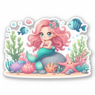 Niedliche Whimsical Mermaid und Fish Friends Szene Aufkleber
