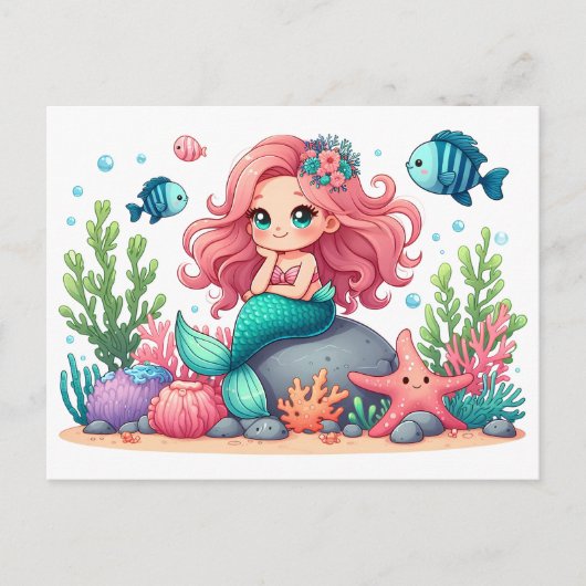 Niedliche Whimsical Mermaid und Fish Friends Szene Postkarte (Vorderseite)