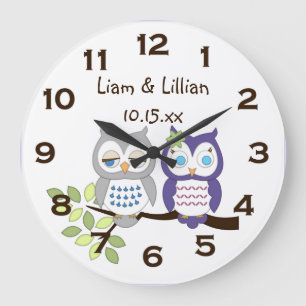 Niedliche Whimsical Owl Twins Wall Clock Große Wanduhr