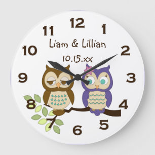 Niedliche Whimsical Owl Twins Wall Clock Große Wanduhr