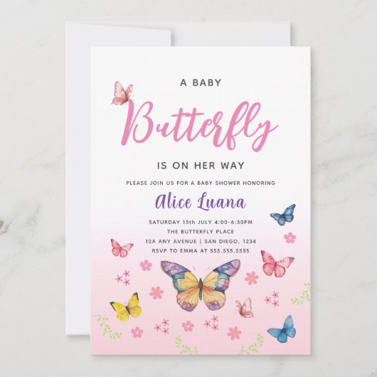 Niedliche Whimsical Pink Butterfly Girls Babydusch Einladung (Vorderseite)