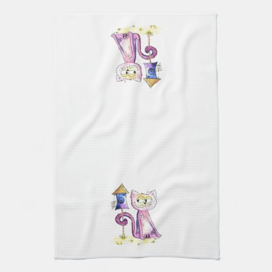 Niedliche Whimsical Sneaky Cat mit Birdhouse Geschirrtuch (Vertikal)