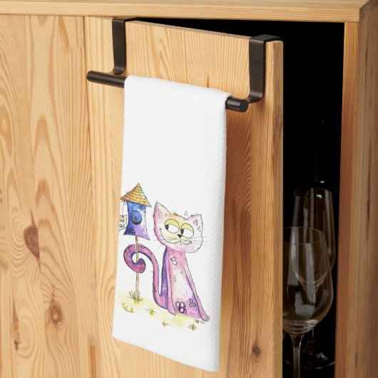 Niedliche Whimsical Sneaky Cat mit Birdhouse Geschirrtuch (Drittel gefaltet)
