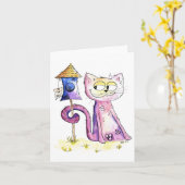 Niedliche Whimsical Sneaky Cat mit Birdhouse Karte (Gelbe Blume)