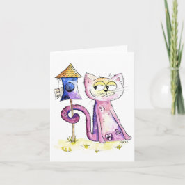Niedliche Whimsical Sneaky Cat mit Birdhouse Karte