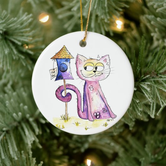 Niedliche Whimsical Sneaky Cat mit Birdhouse Keramik Ornament (Baum)