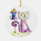 Niedliche Whimsical Sneaky Cat mit Birdhouse Keramik Ornament (Vorne)