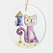 Niedliche Whimsical Sneaky Cat mit Birdhouse Keramik Ornament (Links)