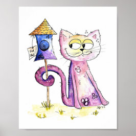 Niedliche Whimsical Sneaky Cat mit Birdhouse Poster