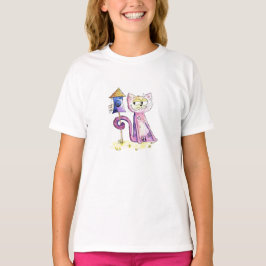 Niedliche Whimsical Sneaky Cat mit Birdhouse T-Shirt