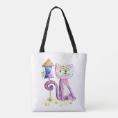 Niedliche Whimsical Sneaky Cat mit Birdhouse Tasche (Rückseite)