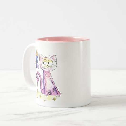 Niedliche Whimsical Sneaky Cat mit Birdhouse Zweifarbige Tasse (Vorderseite Links)