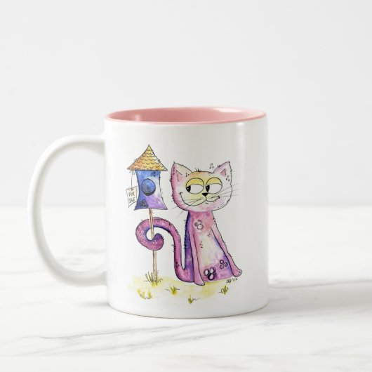 Niedliche Whimsical Sneaky Cat mit Birdhouse Zweifarbige Tasse (Links)