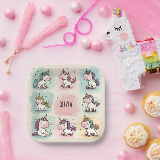 Niedliche Whimsical Unicorn Doodles Pappteller (Party)