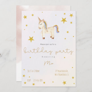 Niedliche whimsical Unicorn Gold Stars Kindermädch Einladung