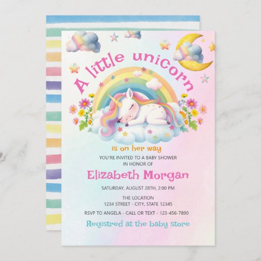 Niedliche Whimsical Unicorn Rainbow Girl Babydusch Einladung (Vorne/Hinten)