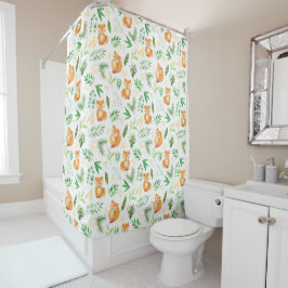Niedliche Whimsical Watercolor Fox Green Blätter Duschvorhang