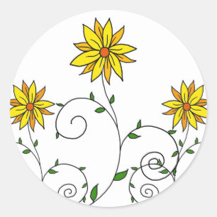 Niedliche Whimsikgelbe Blumen Doodle Art Runder Aufkleber