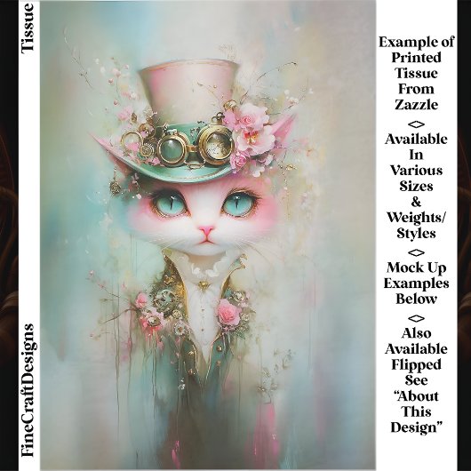 Niedliche Whimsikkatze in Steampunk-Hut-Dekoupage  Seidenpapier