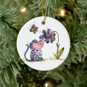 Niedliche Whimsikmouse und Blume Keramik Ornament